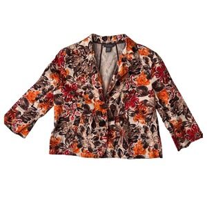 La Vita Women Floral Print Button Front Cropped Blazer Jacket Size Large Brown